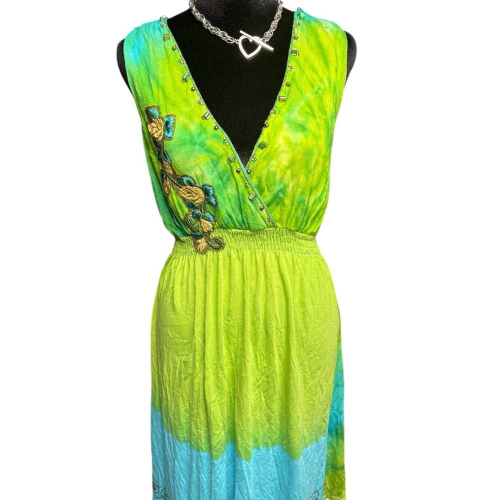 Krista Lee ombré beaded dress green blue embroidered rayon size L boho resort